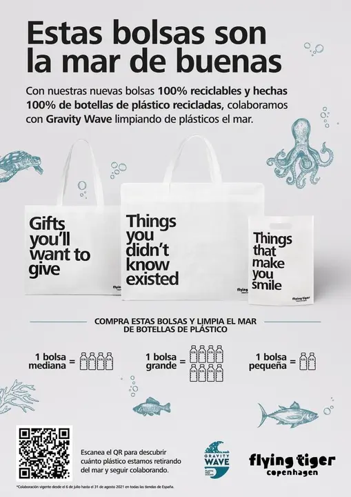 Cartel promocional de la iniciativas de Flying Tiger Copenhagen y Gravity Wave para la recogida de residuos en el mar