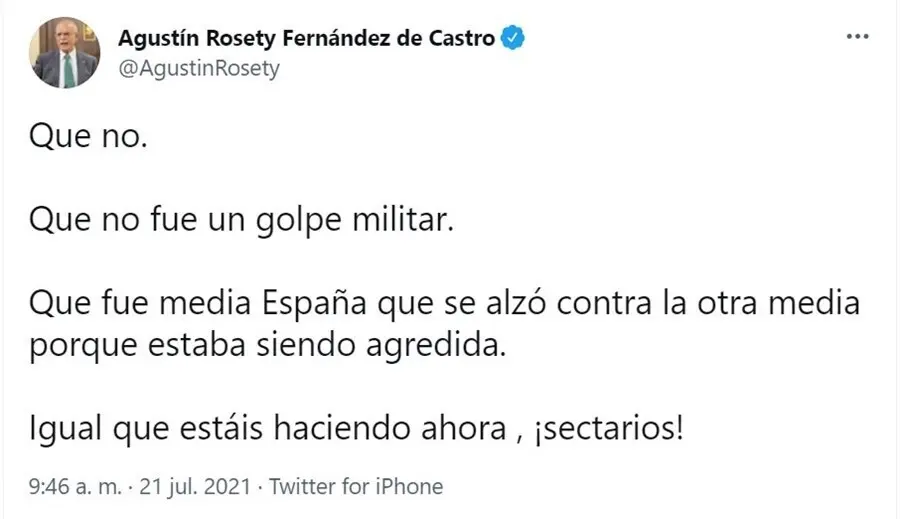 Captura del comentario del diputado de Vox Agust&iacute;n Rosety en Twitter