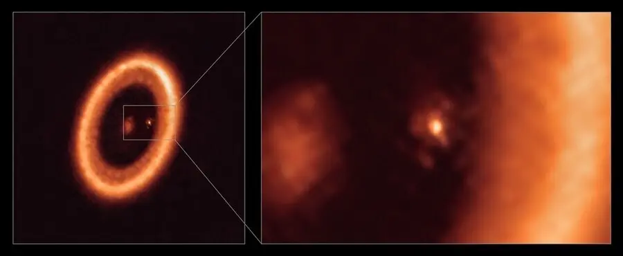 Archivo - Vistas de amplio campo y ampliaci&oacute;n de un disco de formaci&oacute;n de lunas visto con ALMA