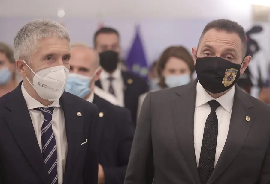 El ministro de Interior, Fernando Grande-Marlaska (i) y su hom&oacute;logo serbio, Aleksandar Vulin (d), a su llegada a una rueda de prensa, despu&eacute;s de una reuni&oacute;n en la sede del Ministerio, a 22 de julio de 2021, en Madrid (Espa&ntilde;a). Los ministros del Interior e