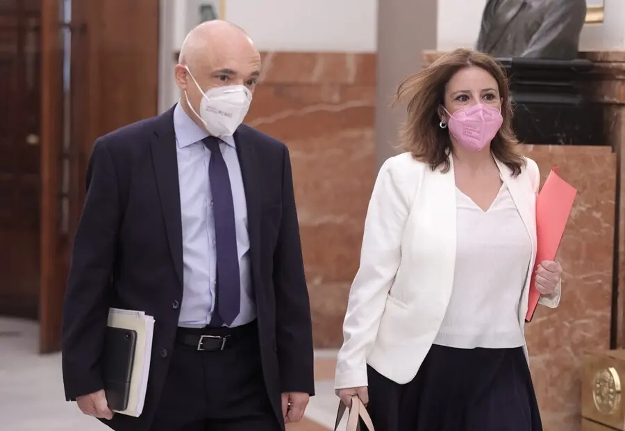 El secretario general del PSOE en el Congreso, Rafael Simancas  y la vicesecretaria general del PSOE y portavoz del Grupo Parlamentario Socialista en el Congreso, Adriana Lastra, a su llegada a una sesi&oacute;n plenaria en el Congreso de los Diputados.