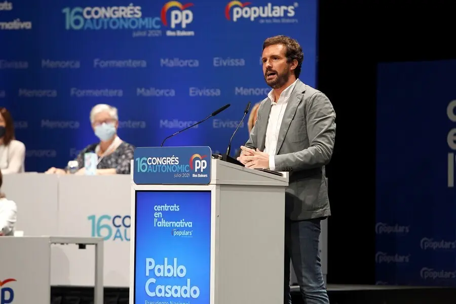El presidente del PP, Pablo Casado, durante el XVI congreso del PP de Baleares, a 24 de julio de 2021, en Palma, Mallorca, Islas Baleares (Espa&ntilde;a). Varios miembros de la direcci&oacute;n nacional del PP arropan este s&aacute;bado a la nueva presidenta del PP de Baleare