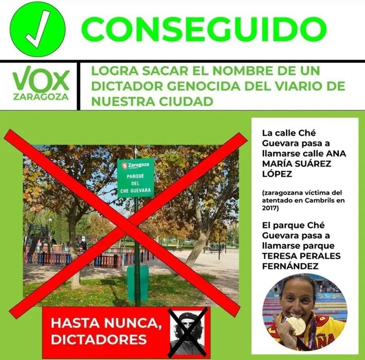 Varias asociaciones vecinales se oponen a cambiar el nombre del Che Guevara en una calle y parque por los dw Teresa Perales y Ana Mar&iacute;a Su&aacute;rez