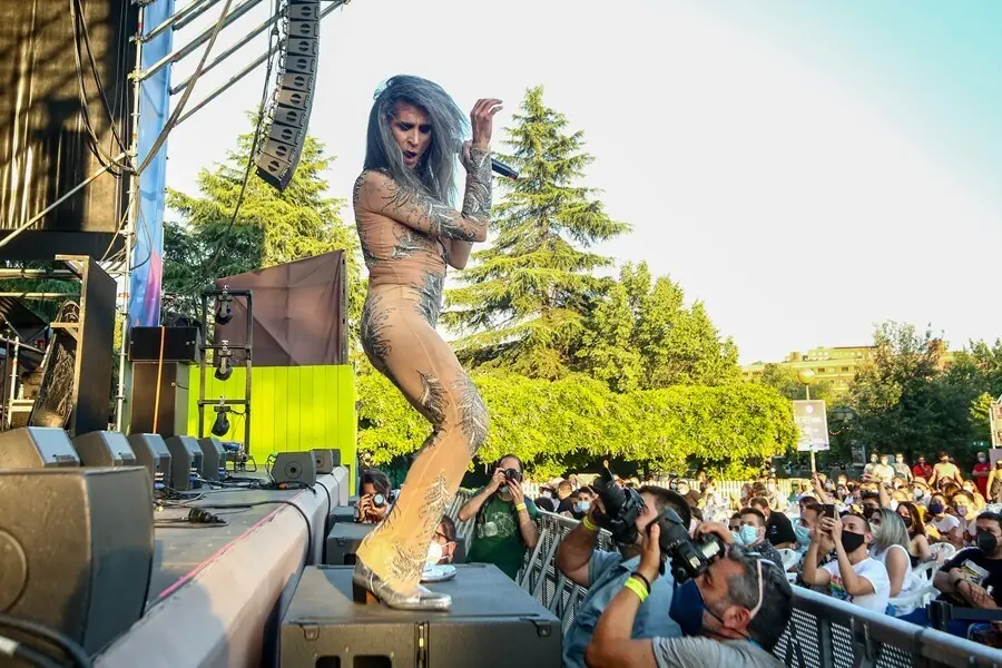 El cantante Mario Vaquerizo durante un concierto de las Nancys Rubias previo al de Fangoria en el festival Noches del Bot&aacute;nico. Archivo.