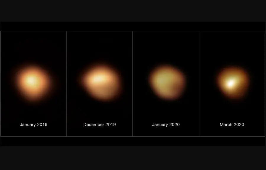 Archivo - Estas im&aacute;genes, tomadas con el instrumento SPHERE, instalado en el Very Large Telescope de ESO, muestran la superficie de la estrella supergigante roja Betelgeuse durante una atenuaci&oacute;n sin precedentes que tuvo lugar a finales de 2019 y principi
