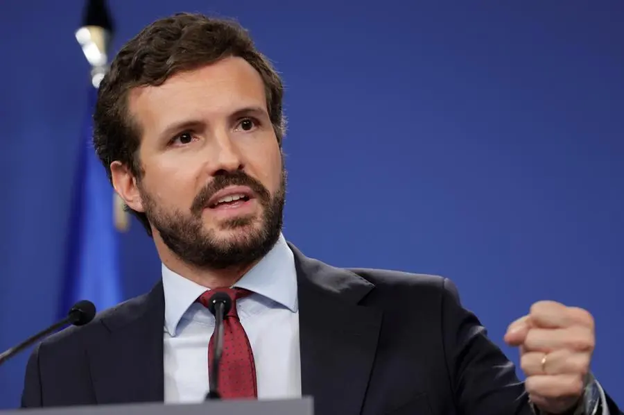 El presidente del Partido Popular, Pablo Casado, hace balance del curso pol&iacute;tico este jueves en la sede de la formaci&oacute;n, en Madrid. EFE/ Zipi