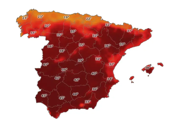 Mapa de las posibles temperaturas del pr&oacute;ximo s&aacute;bado en Espa&ntilde;a. / AEMET