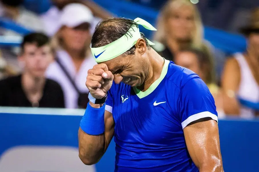 Rafael Nadal from Spain reacts as he plays against Lloyd Harris from South Africa during their third round men's singles match of the Citi Open ATP tennis tournament at the Rock Creek Park Tennis Center in Washington, DC, USA, 05 August 2021. (Tenis, Abierto, Sud&aacute;frica, Espa&ntilde;a, Estados Unidos) EFE/EPA/JIM LO SCALZO