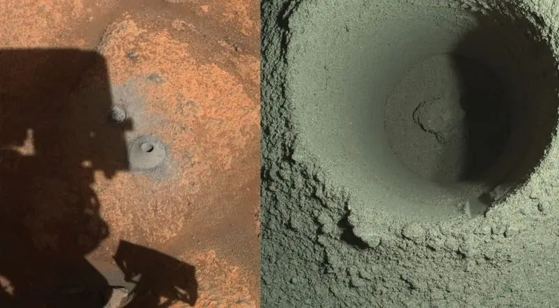 El agujero de perforaci&oacute;n del primer intento de recolecci&oacute;n de muestras de Perseverance se puede ver, junto con la sombra del rover, en la imagen de la izquierda tomada por una de las c&aacute;maras de navegaci&oacute;n del rover.