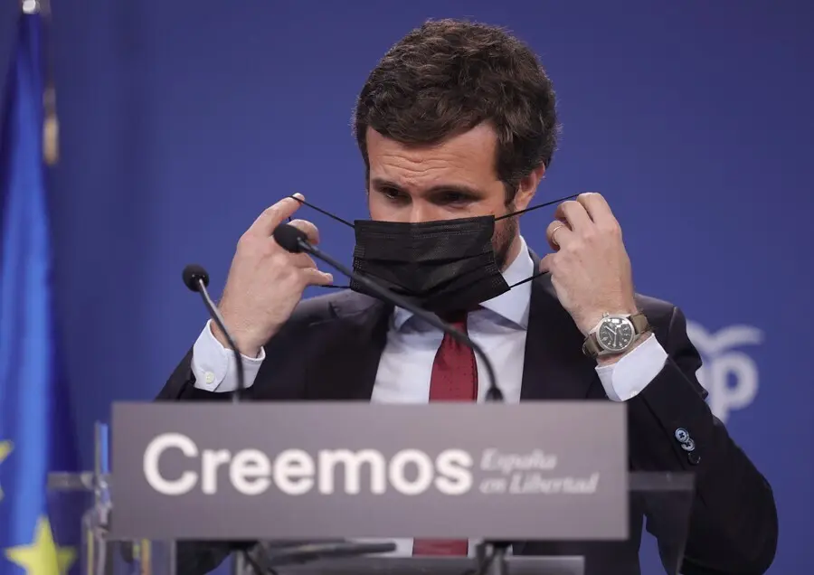 El presidente del PP, Pablo Casado, durante una rueda de prensa en la sede del partido, a 29 de julio de 2021, en Madrid (Espa&ntilde;a). 