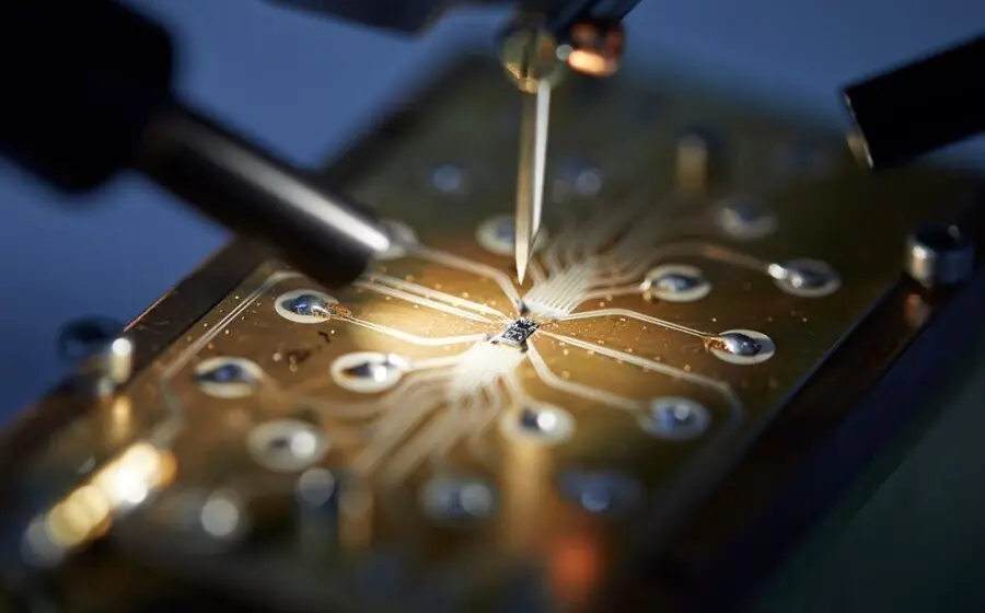 El dispositivo espin qubit se conecta a la placa de circuito en preparaci&oacute;n para la medici&oacute;n.