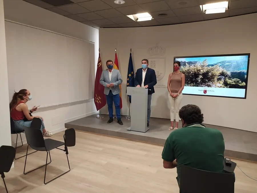 El consejero Antonio Luengo, acompa&ntilde;ado por los directores generales de Medio Natural y del Mar Menor, durante su comparecencia sobre la situaci&oacute;n del Mar Menor