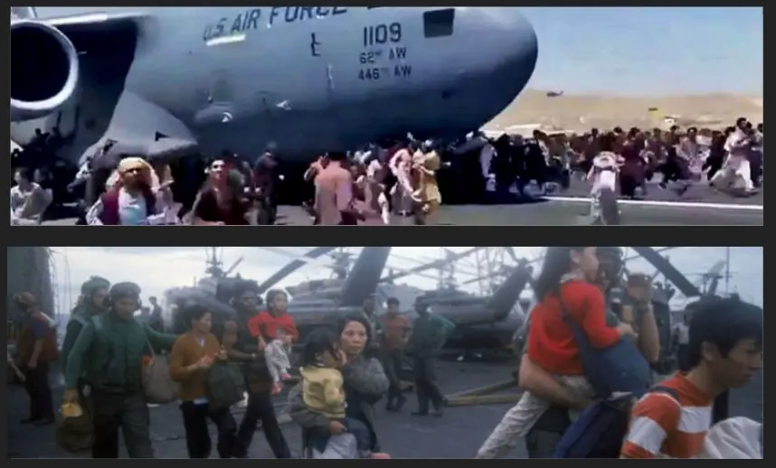Arriba, Gente corre en la pista del aeropuerto de Kabul tratando de abordar un avi&oacute;n de la Fuerza A&eacute;rea de EE.UU. Y abajo, refugiados vietnamitas a bordo de un barco de la Marina de Estados Unidos, antes de la ca&iacute;da de Saig&oacute;n en abril de 1975.
