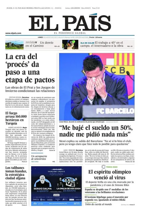 Portada de El Pa&iacute;s del 9 de agosto de 2021