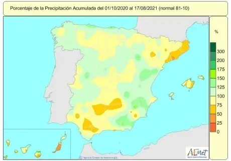 Las lluvia acumuladas en Espa&ntilde;a desde el 1 de octubre de 2020 hasta el 17 de agosto de 2021 est&aacute;n un 8% por debajo del valor normal para el periodo 1981-2010.