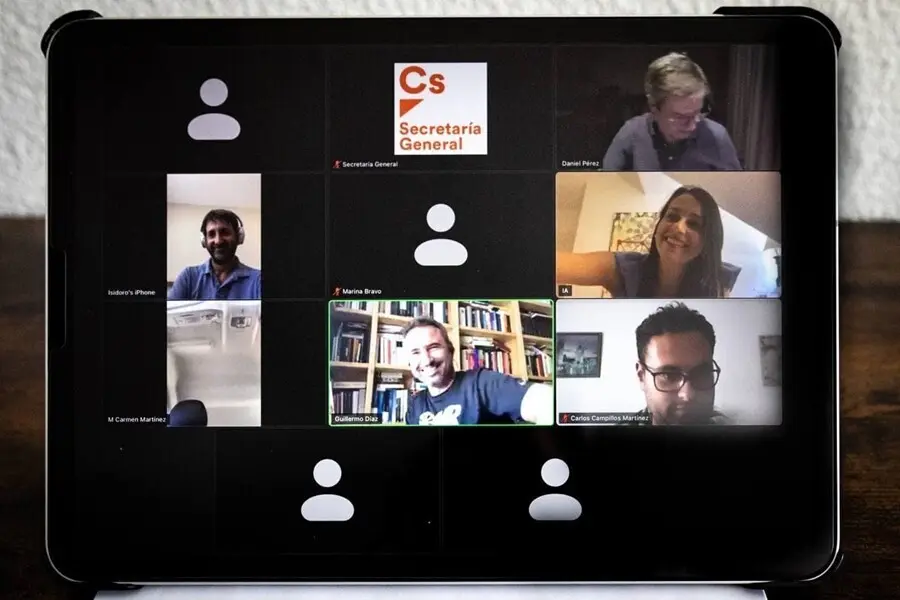 La presidenta de Ciudadanos, In&eacute;s Arrimadas, en una reuni&oacute;n telem&aacute;tica con otros dirigentes de Cs y con el economista Isidoro Tapia.