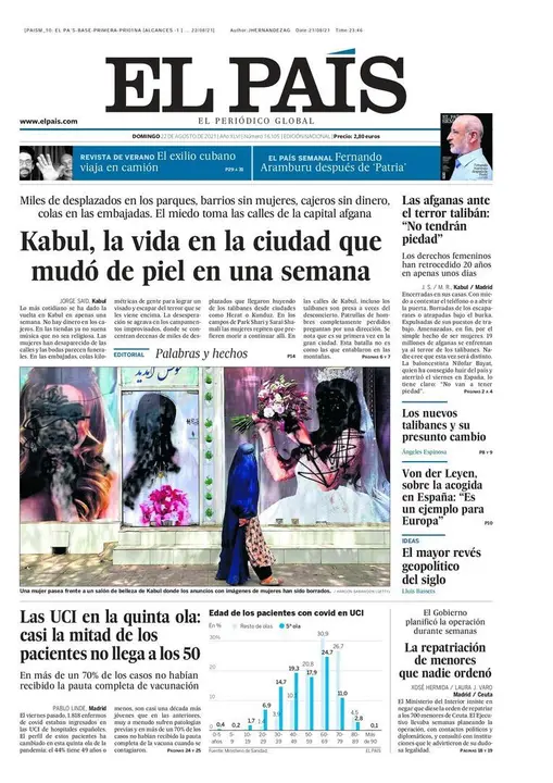 Portada de El Pa&iacute;s, 22 de agosto de 2021