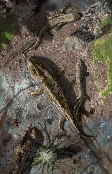 Archivo - Escena que muestra dos tetr&aacute;podos tempranos del Dev&oacute;nico tard&iacute;o, 'Ichthyostega' y 'Acanthostega', que salen del agua para moverse por tierra. Las huellas se arrastran detr&aacute;s de los animales para mostrar una sensaci&oacute;n de movimiento