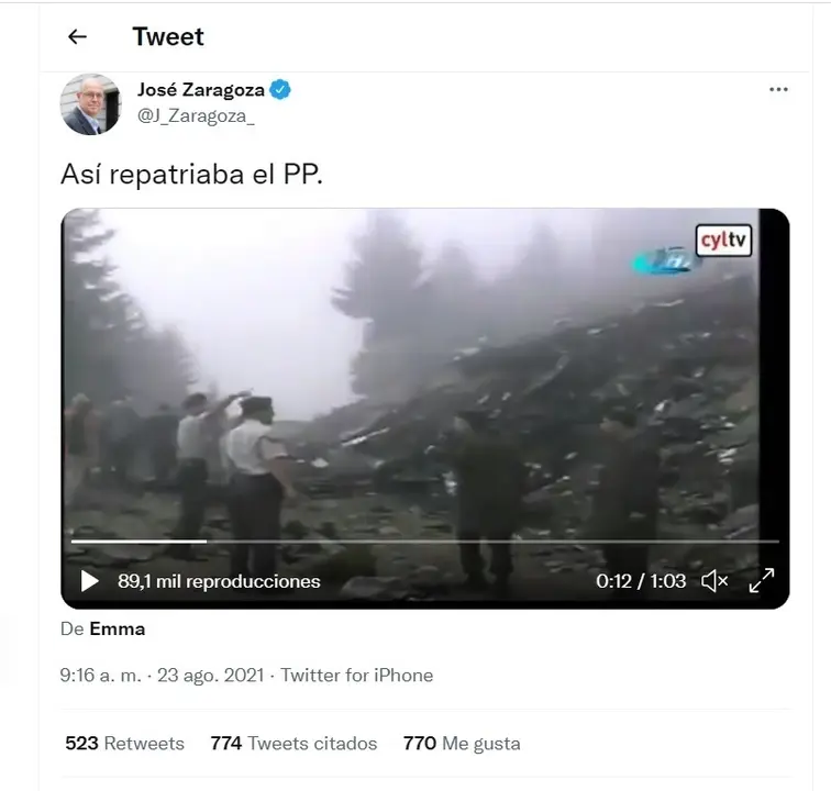 Mensaje de Jos&eacute; Zaragoza equiparando el accidente del Yak 42 con las repatriaciones de afganos tras la llegada de los talib&aacute;n a Kabul