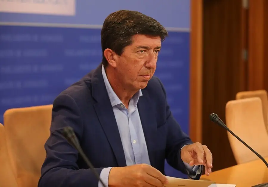El vicepresidente de la Junta y coordinador auton&oacute;mico de Cs, Juan Mar&iacute;n, este jueves en rueda de prensa.
