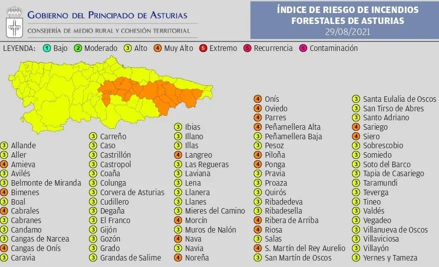 Previsi&oacute;n de riesgo de incendios en Asturias este domingo 29 de agosto