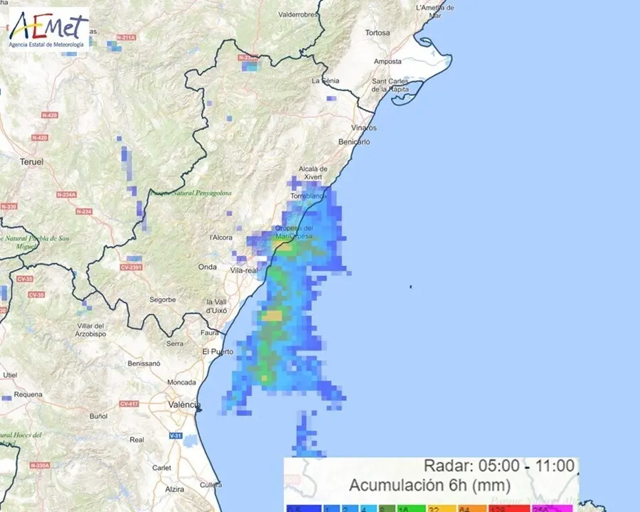 Precipitaci&oacute;n estimada por el radar en 6 horas
