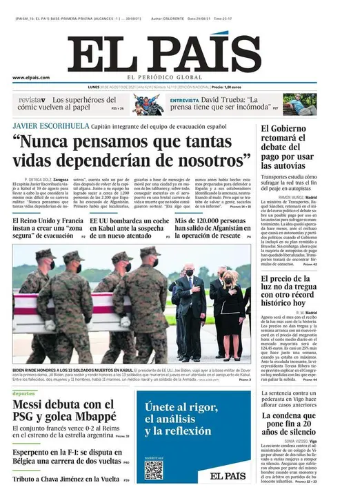 Portada de El Pa&iacute;s, lunes 30 de agosto de 2021