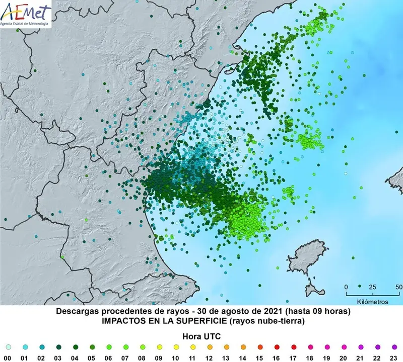 Mapa de los rayos registrados esta madrugada en el Camp de Morvedre