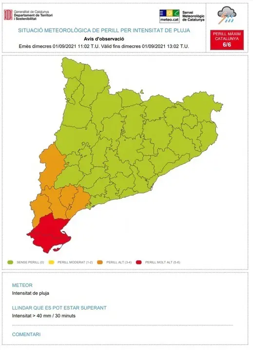 Aviso de lluvias intensas en Montsi&agrave; y Baix Ebre (Tarragona), a d&iacute;a 1 de septiembre de 2021