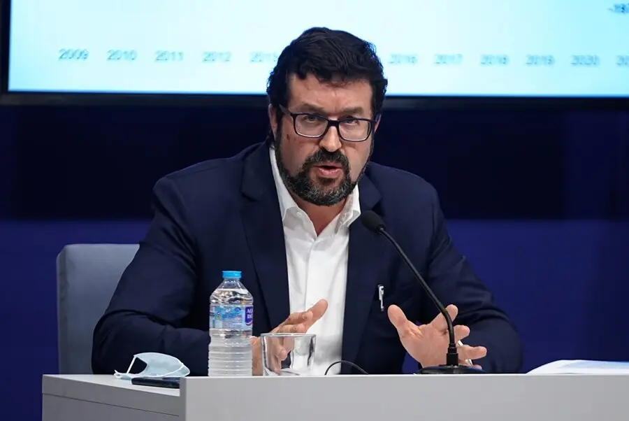 El secretario de Estado de Empleo y Econom&iacute;a Social, Joaqu&iacute;n P&eacute;rez Rey, durante la presentaci&oacute;n de los datos de paro registrado y afiliaci&oacute;n a la Seguridad Social del mes de julio de 2021, a 3 de agosto de 2021, en Madrid (Espa&ntilde;a). 