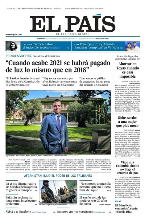 Portada 'El Pa&iacute;s' 5 de septiembre de 2021
