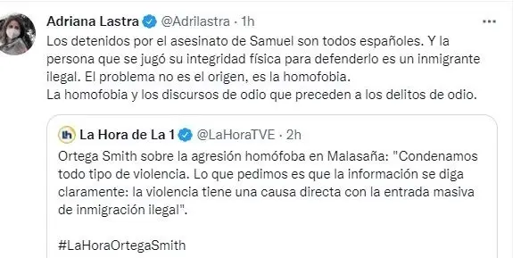 Tuit de Adriana Lastra sobre agresi&oacute;n hom&oacute;foba.