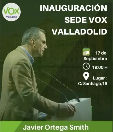 Cartel para el acto de inauguraci&oacute;n de la sede de Vox en Valladolid.