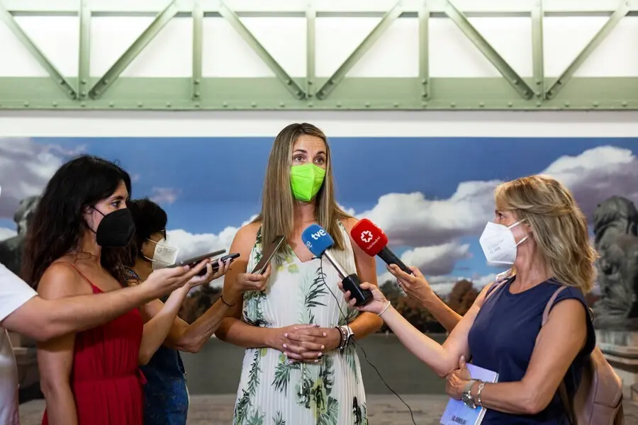 La portavoz del grupo municipal del PSOE en el Ayuntamiento de Madrid, Mar&iacute;a del Mar Espinar Mesa-Moles, durante, responde a los periodistas tras la sesi&oacute;n extraordinaria y urgente en el Palacio de Cibeles, sede del Ayuntamiento de Madrid, a 7 de septiemb
