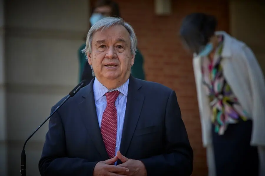 Archivo - El secretario general de Naciones Unidas, Antonio Guterres, interviene en una rueda de prensa posterior a una reuni&oacute;n con el presidente del Gobierno, 2 de julio de 2021, en el Palacio de La Moncloa, Madrid. (Espa&ntilde;a). El encuentro entre ambos man