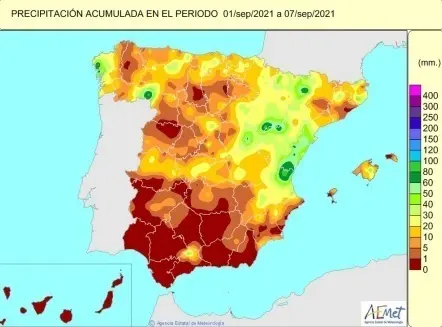 La falta de lluvias que se acumula desde que el 1 de octubre de 2020 comenz&oacute; el a&ntilde;o hidrol&oacute;gico hasta el 7 de septiembre de 2021 se sit&uacute;a un 7 por ciento por debajo del valor normal