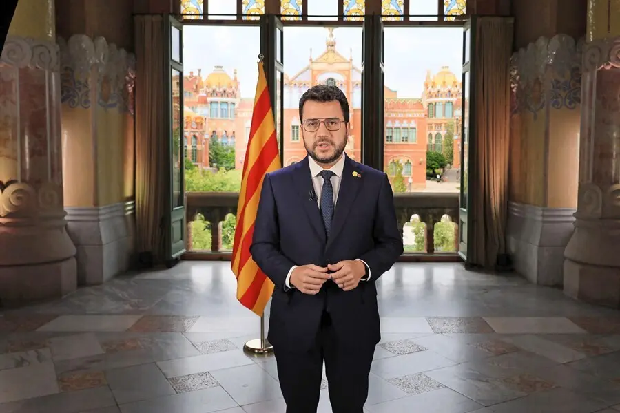 El presidente de la Generalitat, Pere Aragon&egrave;s, en el discurso institucional con motivo de la Diada, que ha realizado desde el recinto modernista del Hospital de Sant Pau.