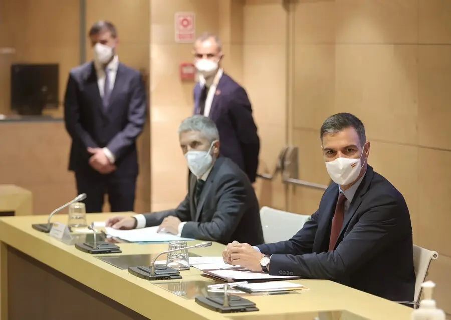 El ministro de Interior, Fernando Grande-Marlaska (i) y el presidente del Gobierno, Pedro S&aacute;nchez (d), durante la Comisi&oacute;n de Seguimiento del Plan de Lucha contra los Delitos de Odio, en la Oficina Nacional de Lucha Contra los Delitos de Odio, a 10 de sep