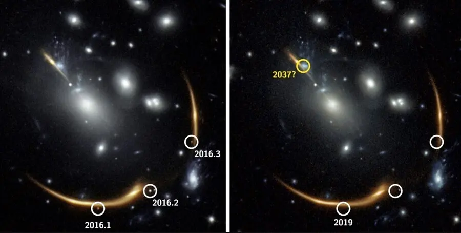 La gravedad del c&uacute;mulo de galaxias MACS J0138 curva tanto el espacio que la luz de una galaxia detr&aacute;s de &eacute;l se inclina hacia nosotros de varias maneras diferentes.