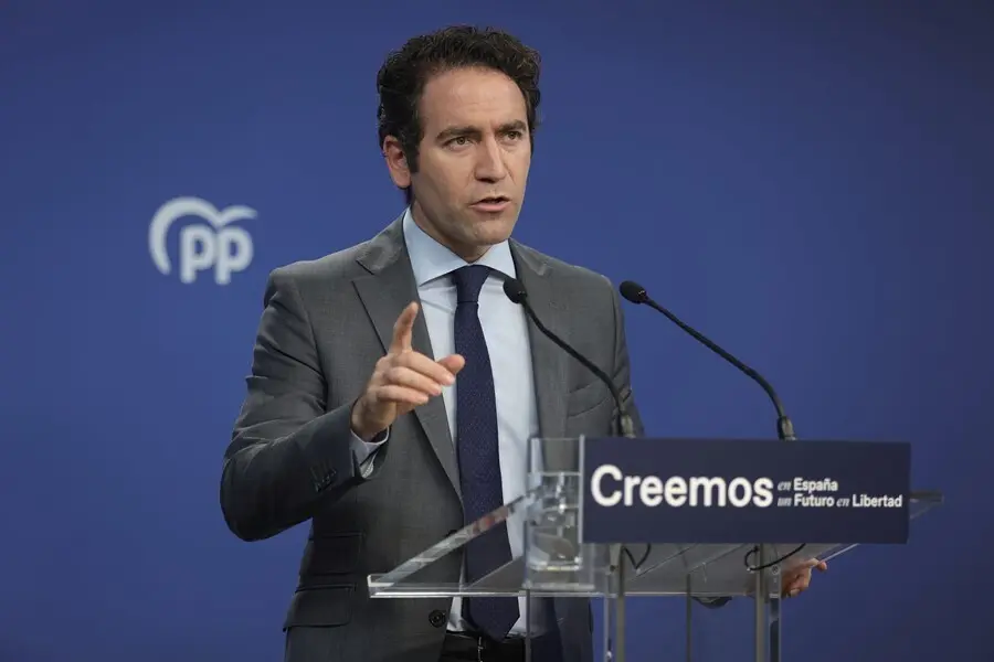 El secretario general del PP, Teodoro Garc&iacute;a Egea, comparece en una rueda de prensa tras una reuni&oacute;n del Comit&eacute; de Direcci&oacute;n del PP, a 13 de septiembre de 2021, en Madrid, (Espa&ntilde;a). Durante su intervenci&oacute;n ha opinado, entre otras cuestiones, sobre las rec