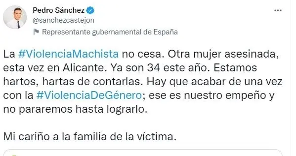 Tuit de Pedro S&aacute;nchez condenando violencia machista.