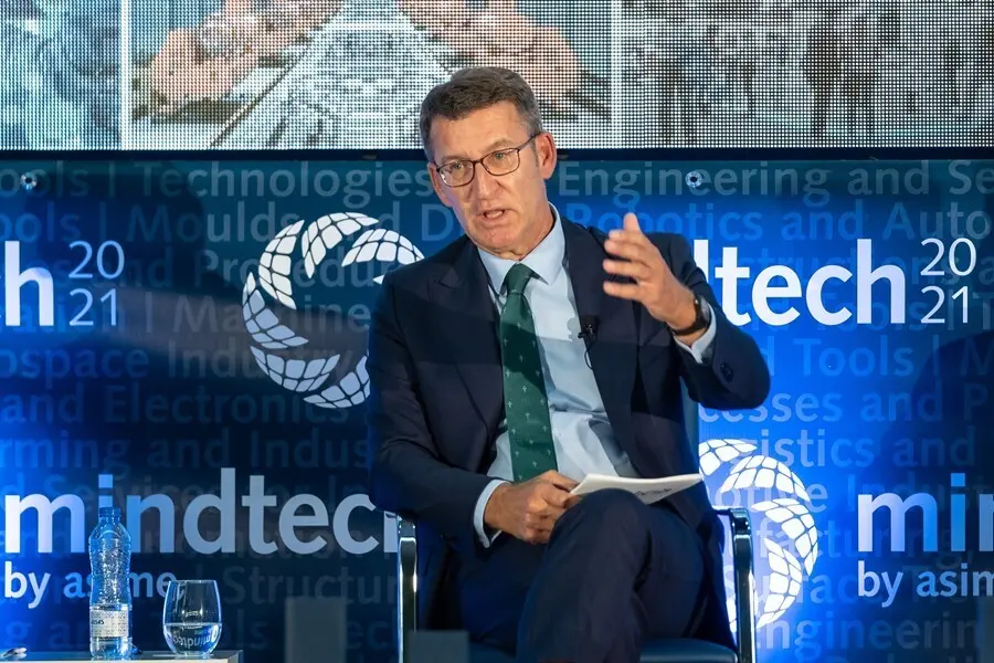 El presidente de la Xunta, Alberto N&uacute;&ntilde;ez Feij&oacute;o, durante el acto de inauguracion de la feria Mindtech 2021 en Vigo.