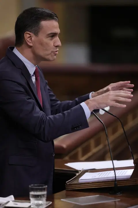 Archivo - El presidente del Gobierno, Pedro S&aacute;nchez, interviene en una sesi&oacute;n de control al Gobierno en el Congreso 