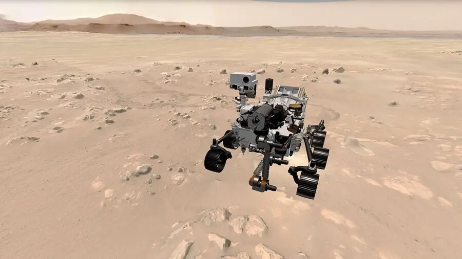 El rover Mars Perseverance de la NASA se muestra en su lugar de aterrizaje en el cr&aacute;ter Jezero en esta vista de la experiencia web 3D "Explora con Perseverance".