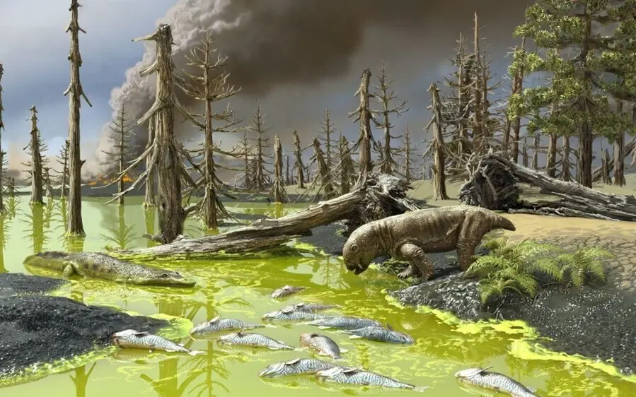Representaci&oacute;n de un artista de las condiciones durante la extinci&oacute;n masiva del final del P&eacute;rmico, que acab&oacute; con casi toda la vida en la tierra.