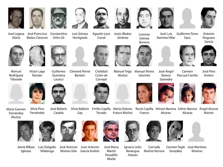 Cartel con las 39 v&iacute;ctimas mortales de Henri Parot difundido en un homenaje del Centro Memorial en Vitoria