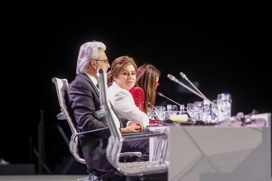 Archivo - El secretario ejecutivo adjunto de la ONU, Ovais Sarmad (1i), la secretaria ejecutiva de la ONU, Patricia Espinosa (2i).