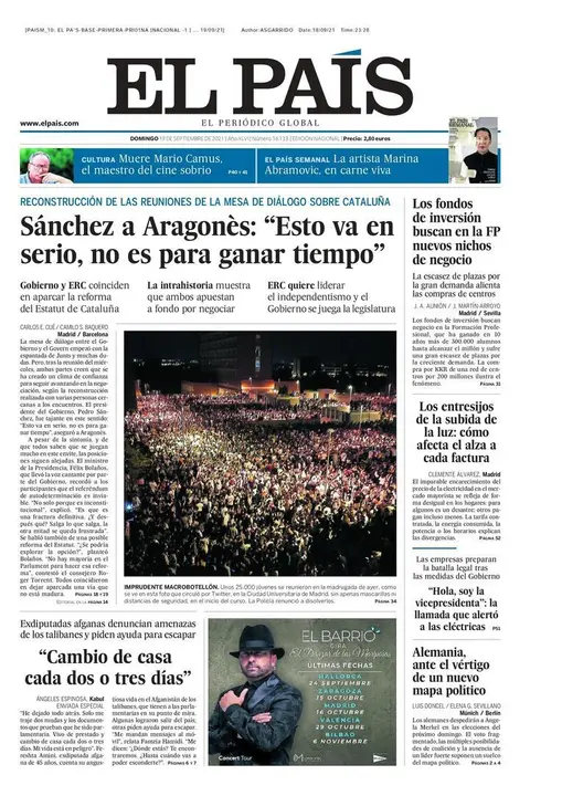 Portada de El Pa&iacute;s del 19 de septiembre de 2021