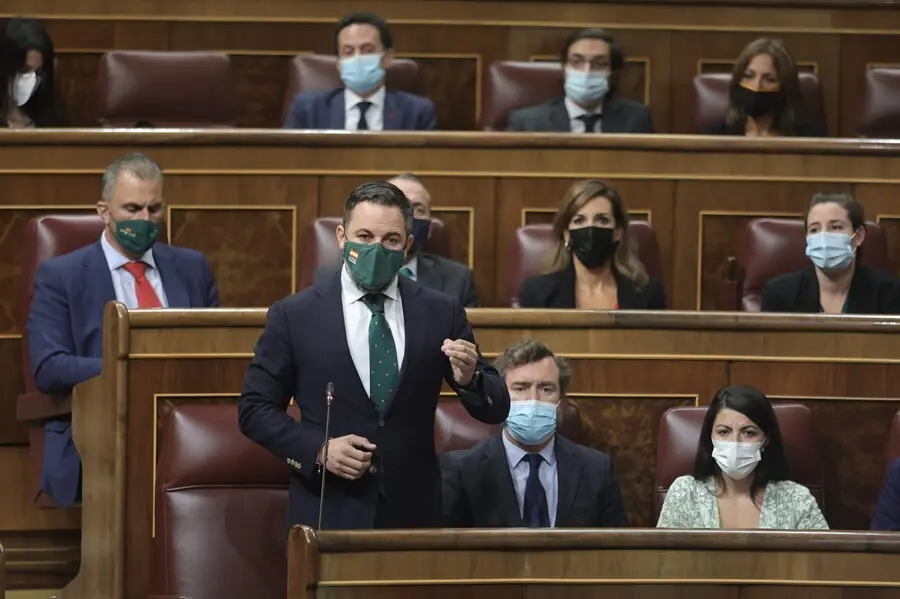 El l&iacute;der de Vox, Santiago Abascal, interviene en una sesi&oacute;n de control al Gobierno en el Congreso 