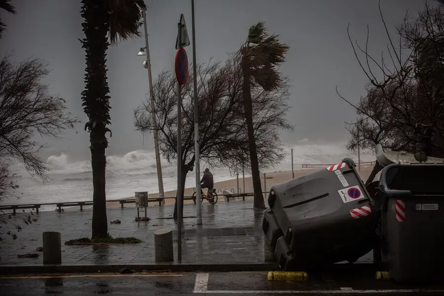 Archivo - Varios contenedores ca&iacute;dos el paseo mar&iacute;timo de Barcelona, donde la borrasca 'Gloria' ha dejado fuertes rachas de viento y lluvia, a 21 de enero de 2020.
